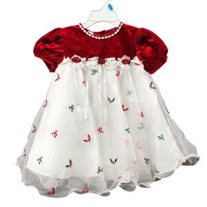 Vintage Bonnie Baby 18-24M Christmas Dress Puff Sleeve Red Velvet Tulle Party